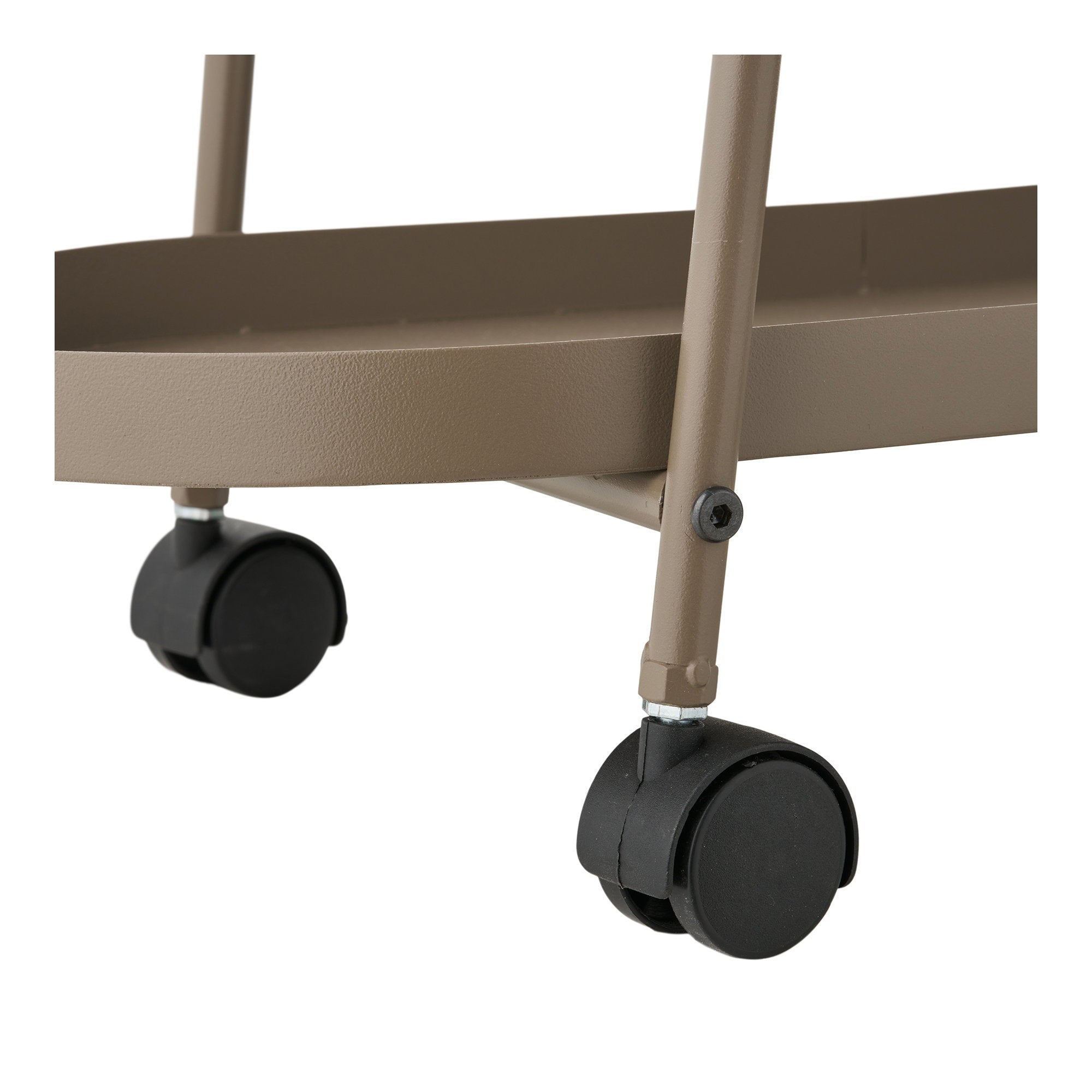 Chariot Empoli détail roulettes pivotantes acier taupe sans blocage vue bas