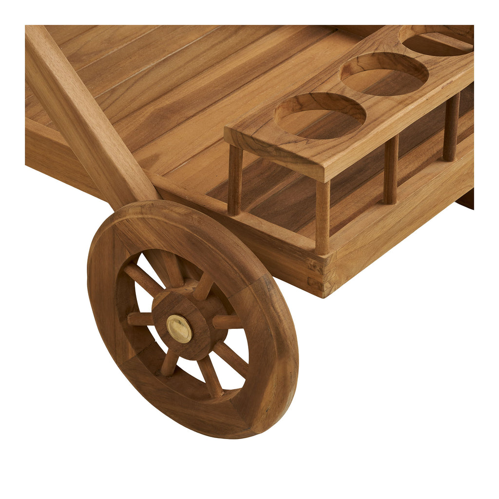 Chariot Pasaku détail roue à rayons teck et porte-bouteilles 4 emplacements