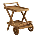 Chariot de service Pasaku teck naturel 86x50x81 cm roues à rayons porte-bouteilles vue trois quarts
