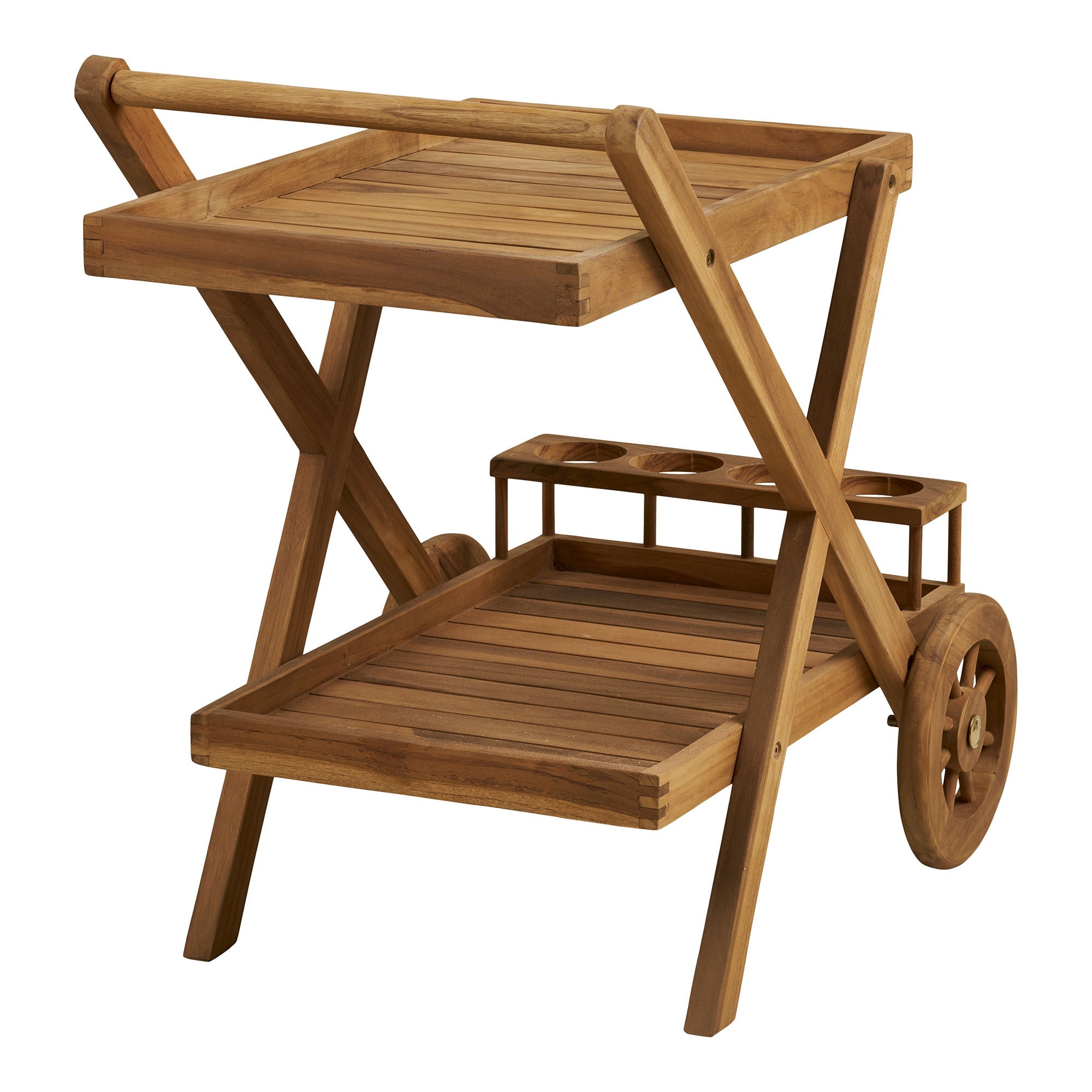 Chariot Pasaku teck naturel vue angle bas plateau inférieur porte-bouteilles roue