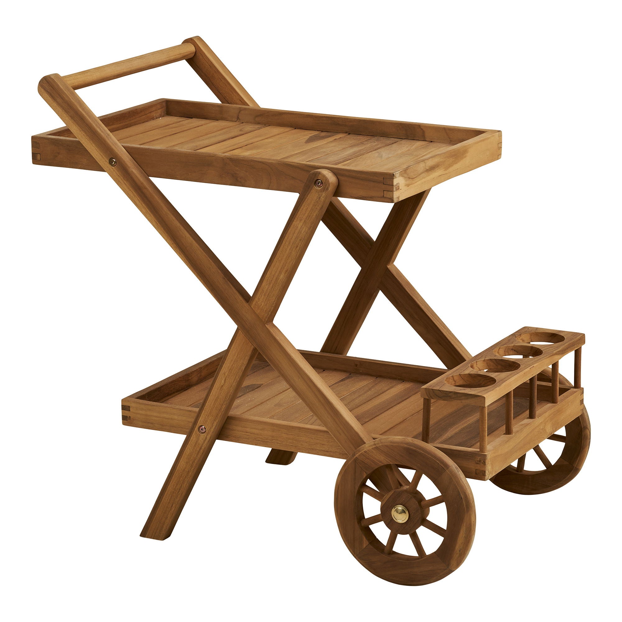 Chariot Pasaku teck naturel vue arrière trois quarts poignée plateau inférieur