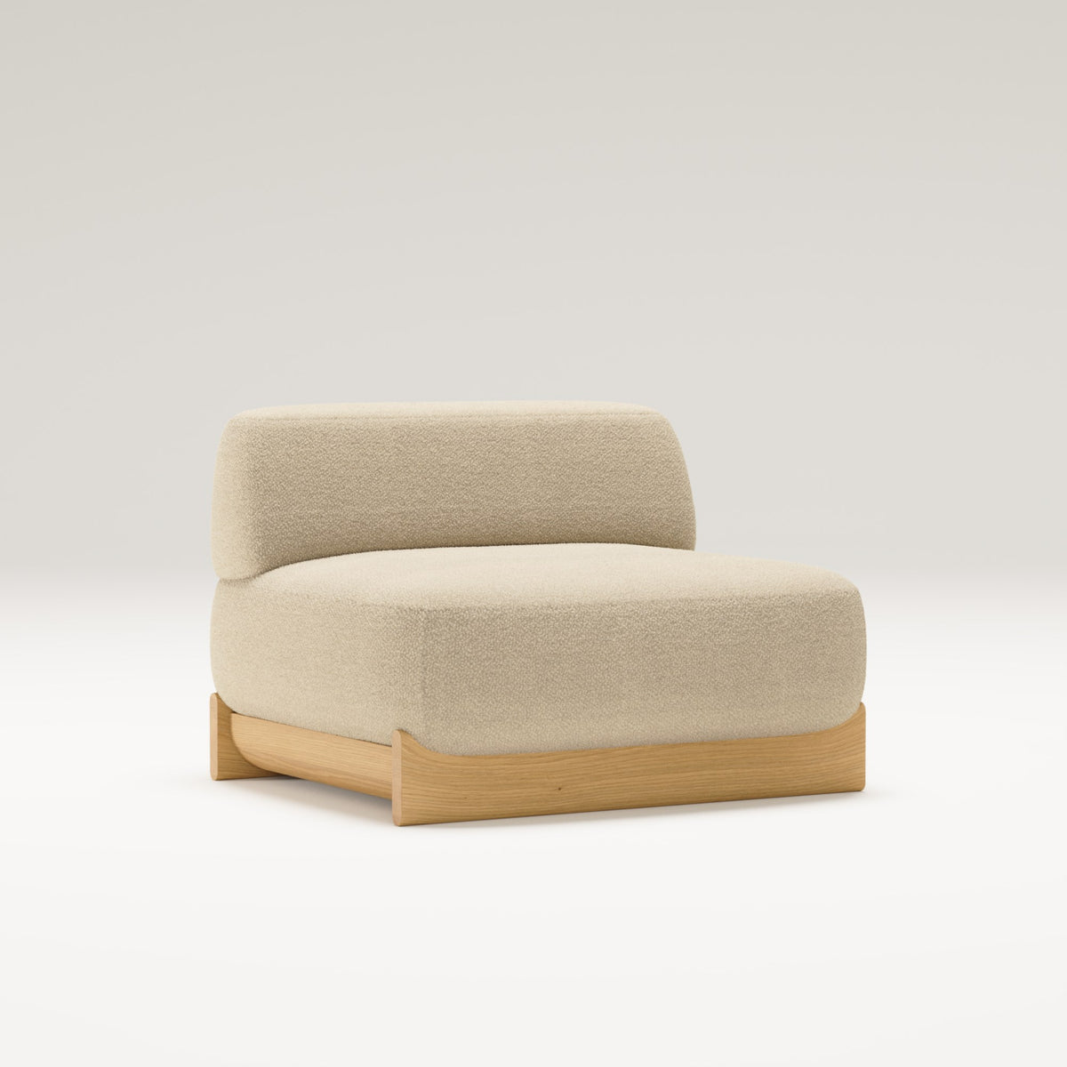Chauffeuse Dome en chêne et tissu beige vue de trois quarts