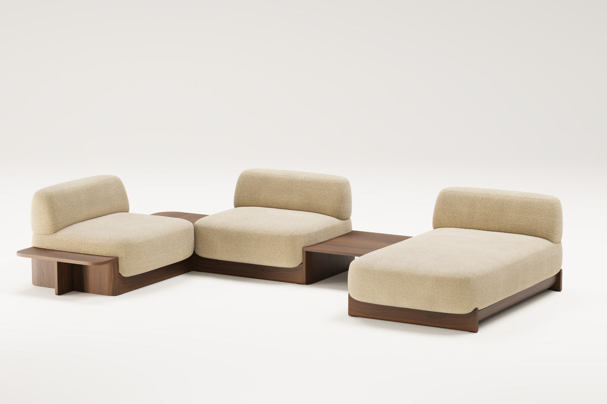 Canapé composé de modules Dome en noyer et tissu beige