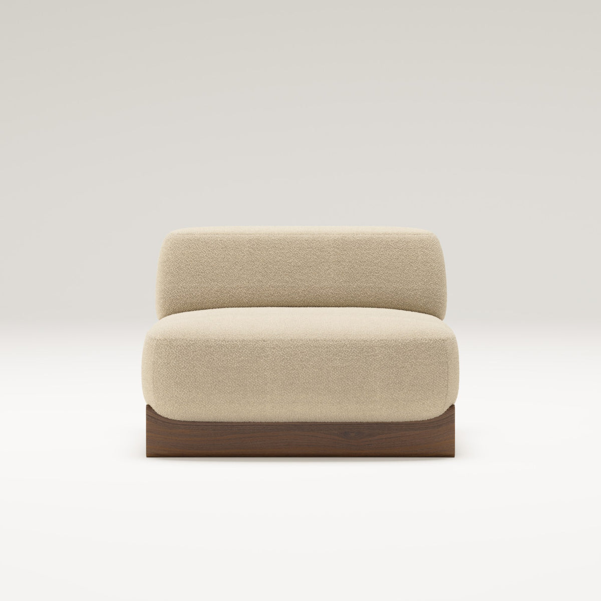 Chauffeuse Dome en noyer et tissu beige vue de face