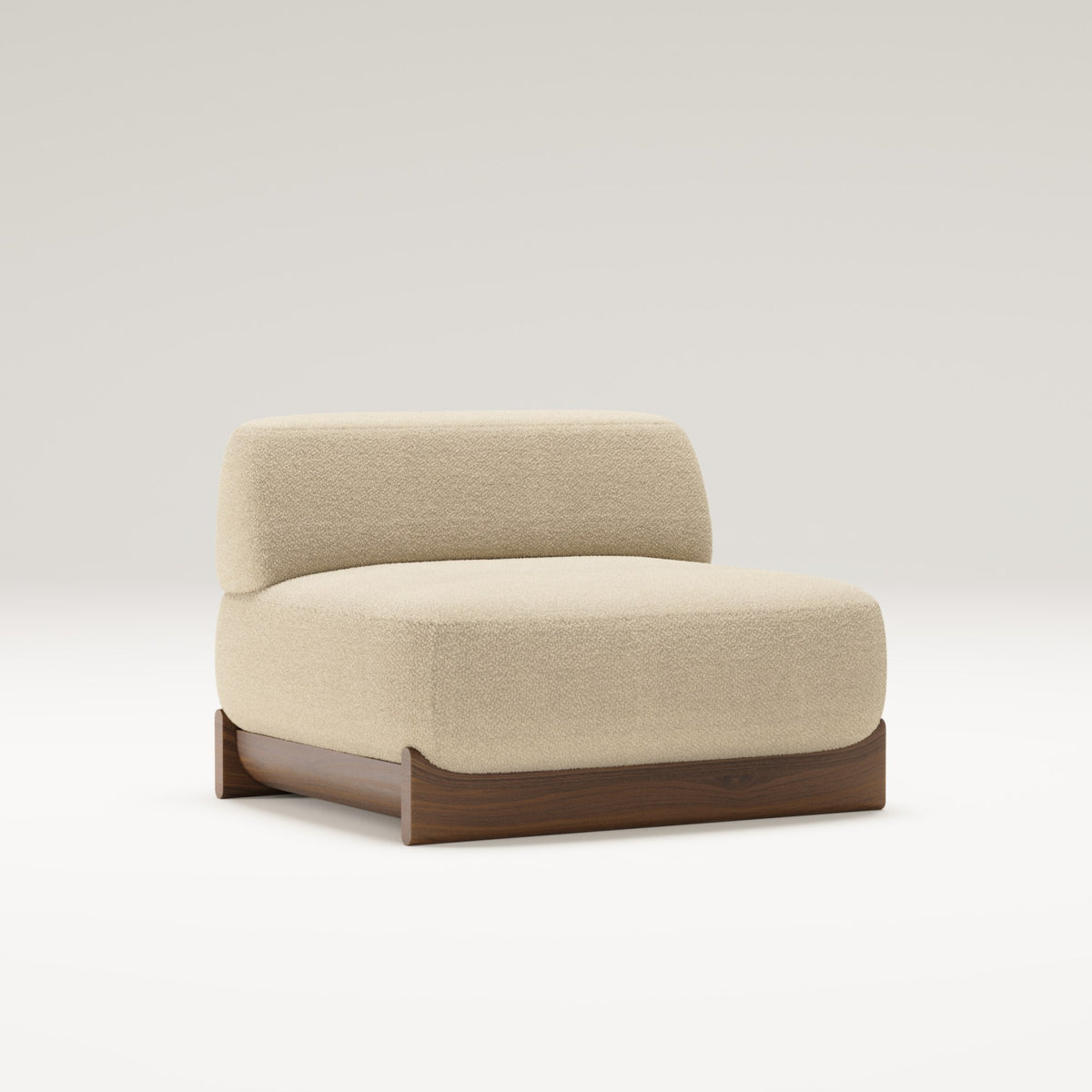 Chauffeuse Dome en noyer et tissu beige vue de trois quarts