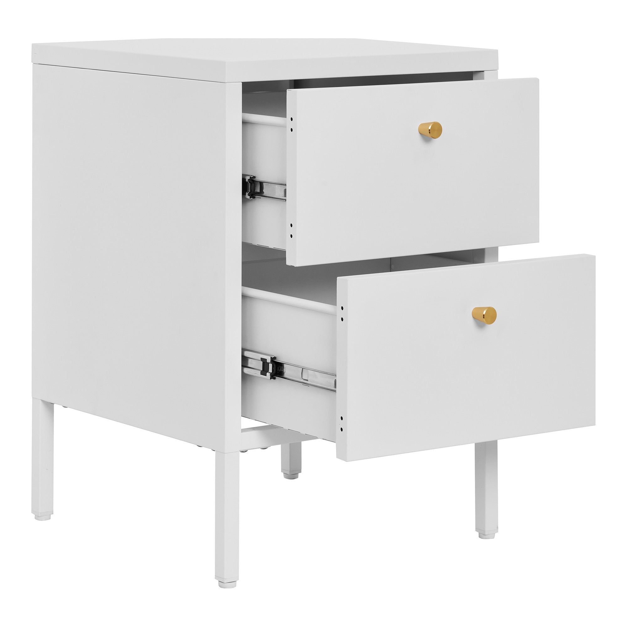 Chevet Dalby blanc 2 tiroirs ouverts glissières métal rangement intérieur