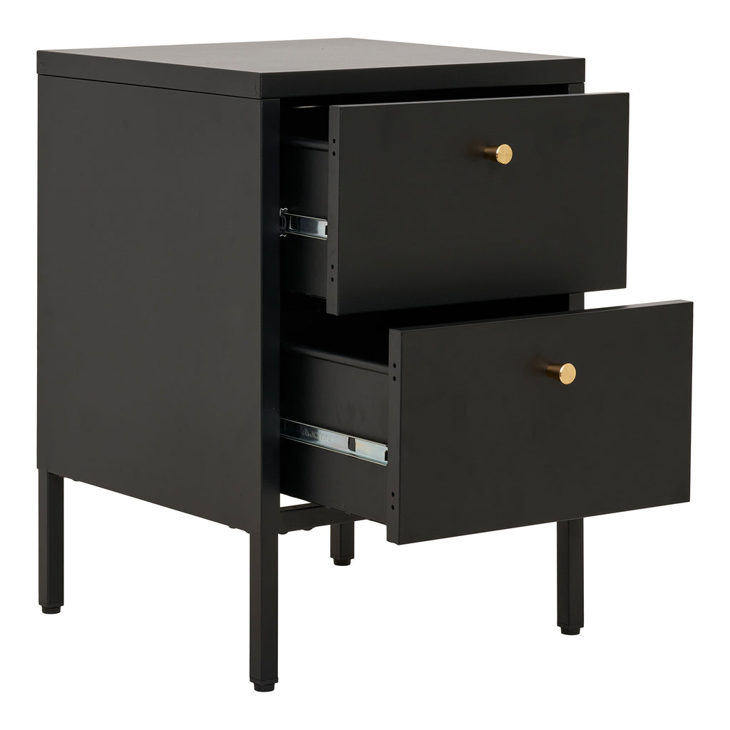 Chevet Dalby noir 2 tiroirs ouverts glissières métal rangement intérieur