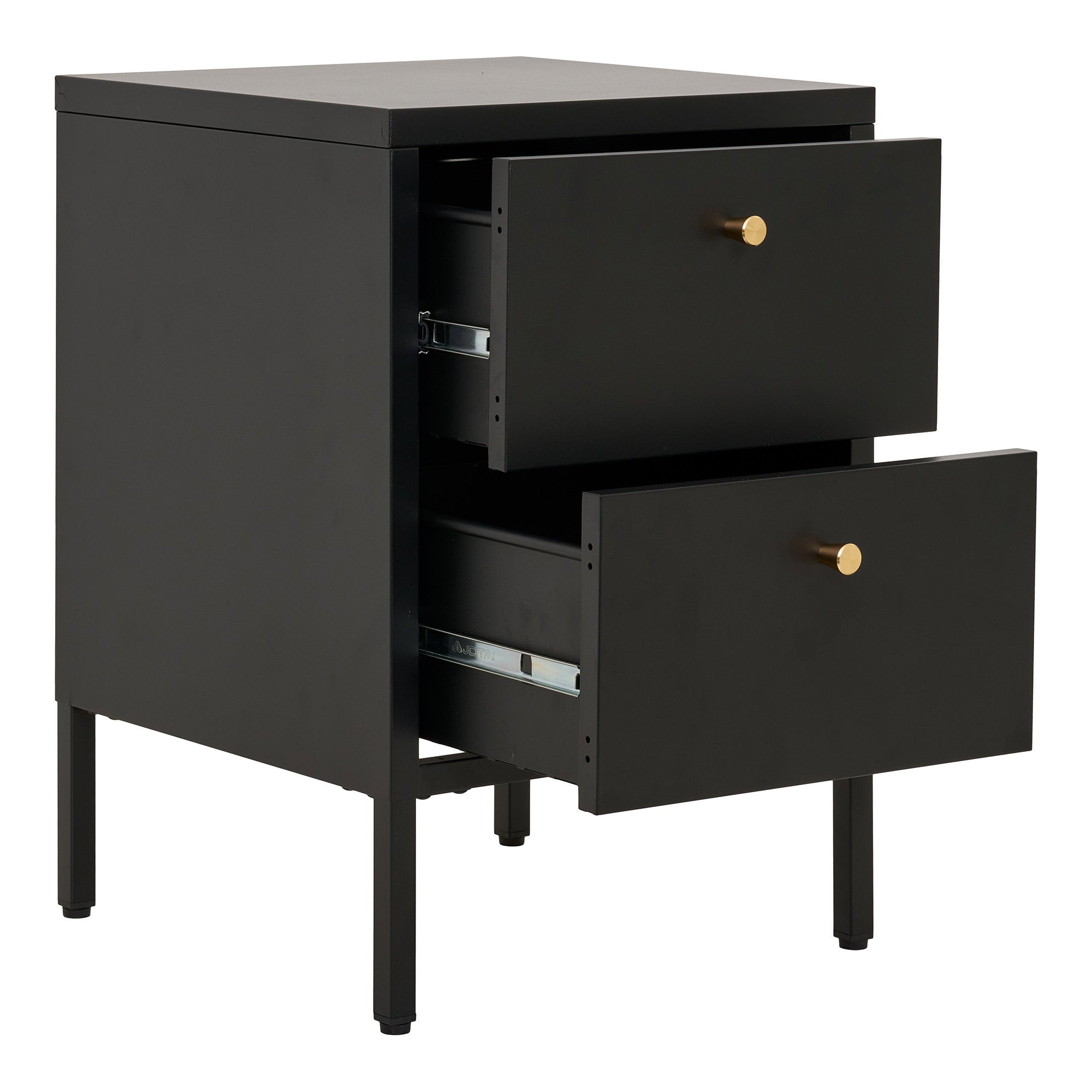 Chevet Dalby noir 2 tiroirs ouverts glissières métal rangement intérieur