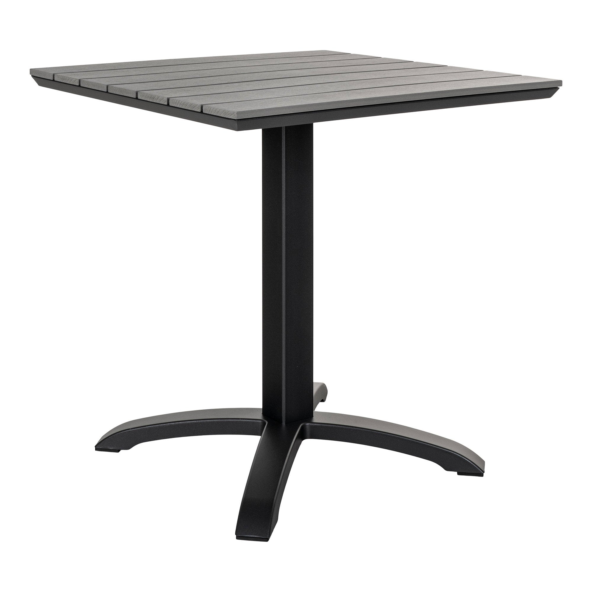 Table bistrot carrée plateau lames nonwood gris pied aluminium noir quadripode vue angle
