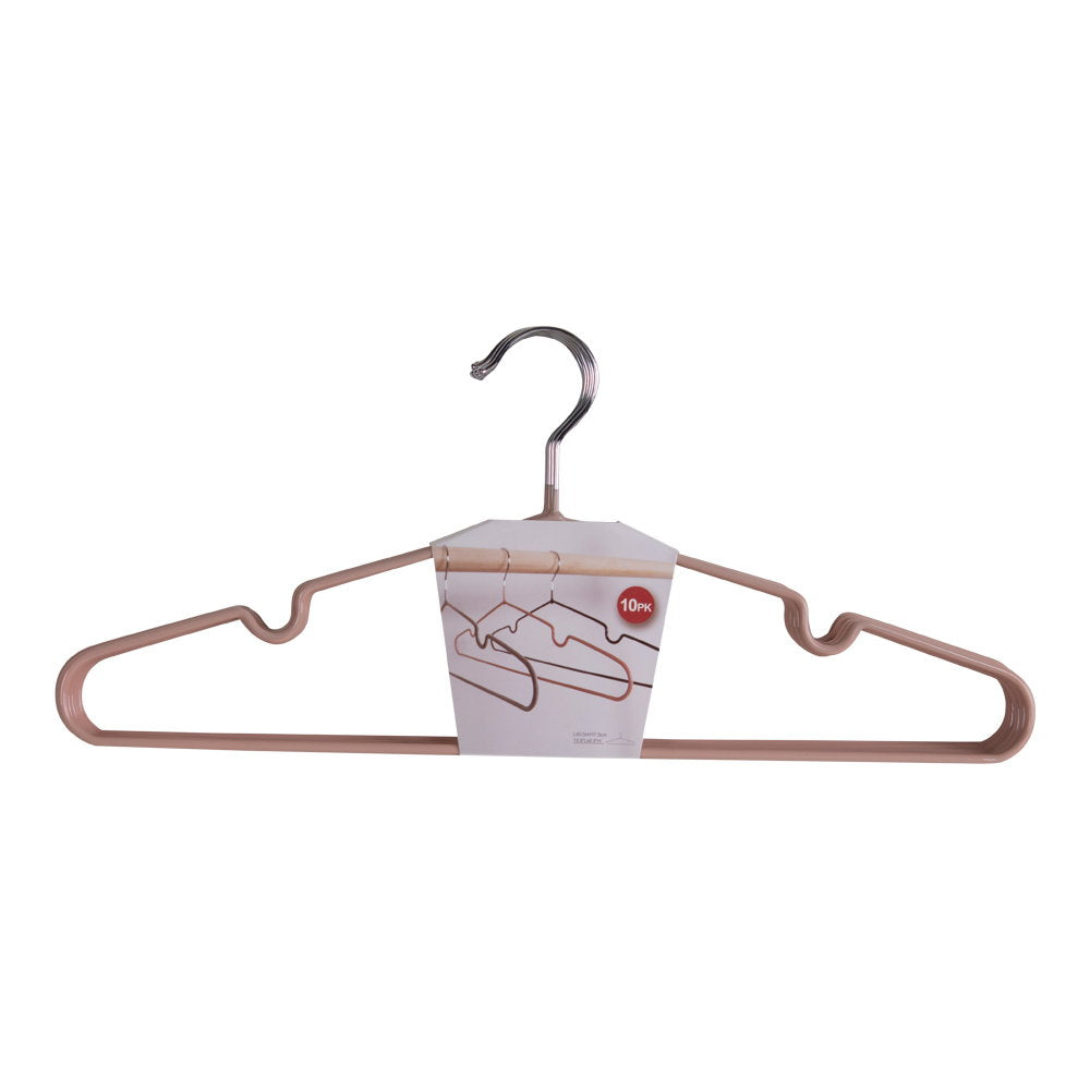 Lot de 10 cintres Massa en métal rose vus de face dans leur bande en carton avec crochets argentés