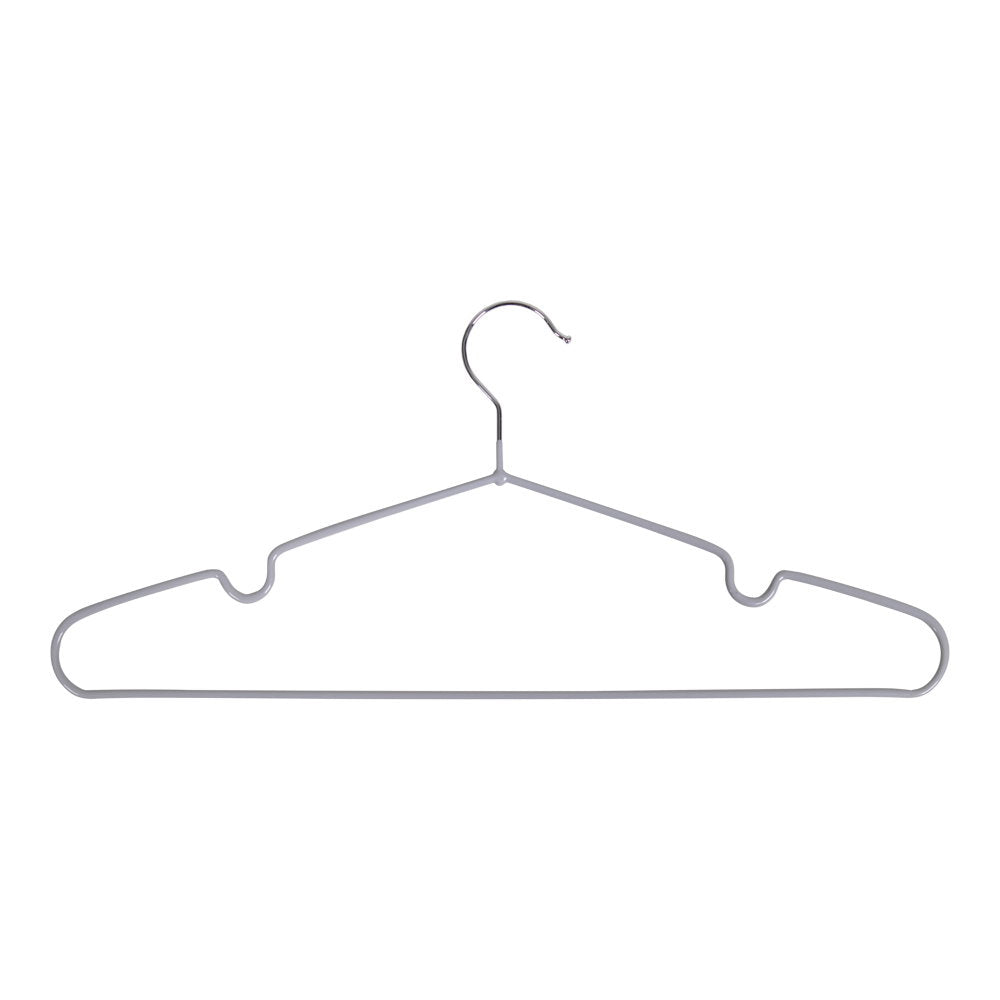 Cintre métal gris Massa vu de face, crochet argenté rotatif et encoches maintien vêtements