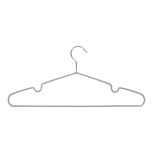 Cintre métal gris Massa vu de face, crochet argenté rotatif et encoches maintien vêtements