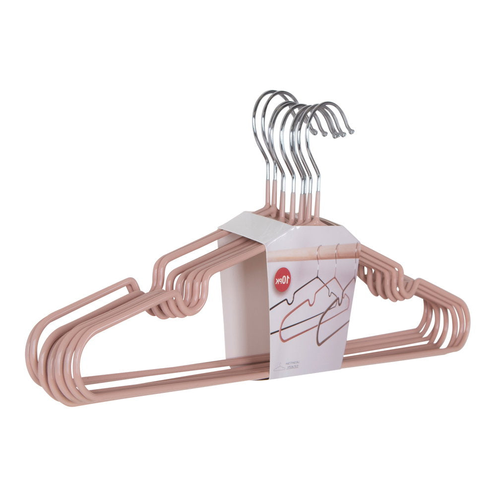Lot de 10 cintres métalliques Massa rose empilés avec packaging sur fond blanc