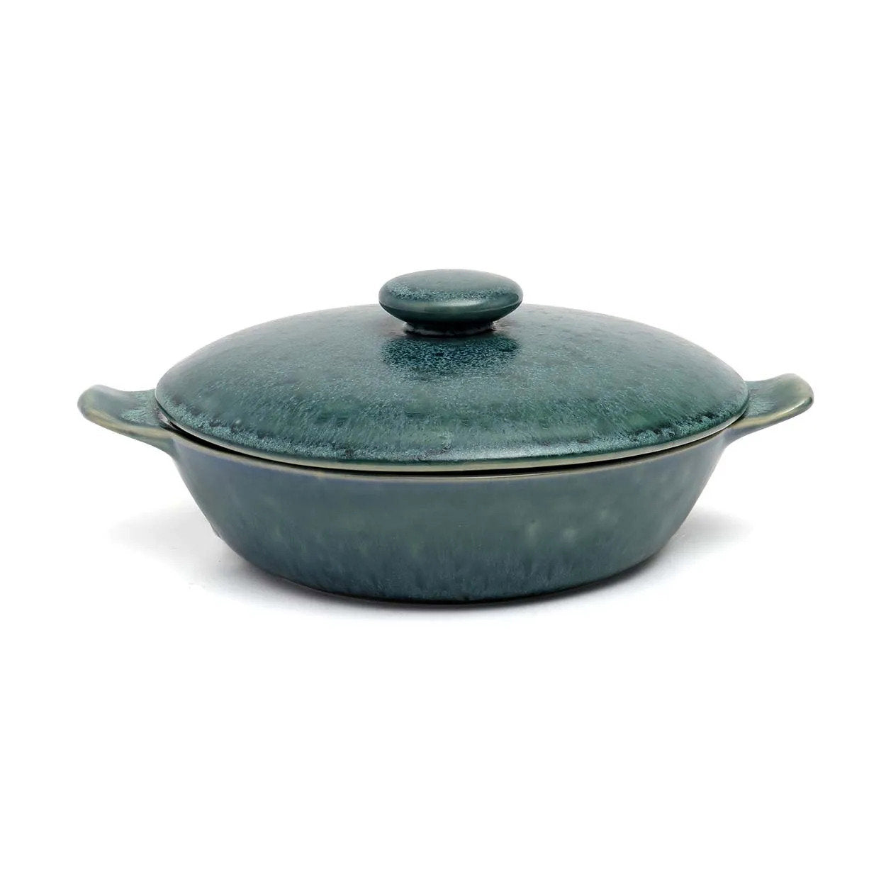Cocotte basse en grès émaillé vert bleuté 25 cm