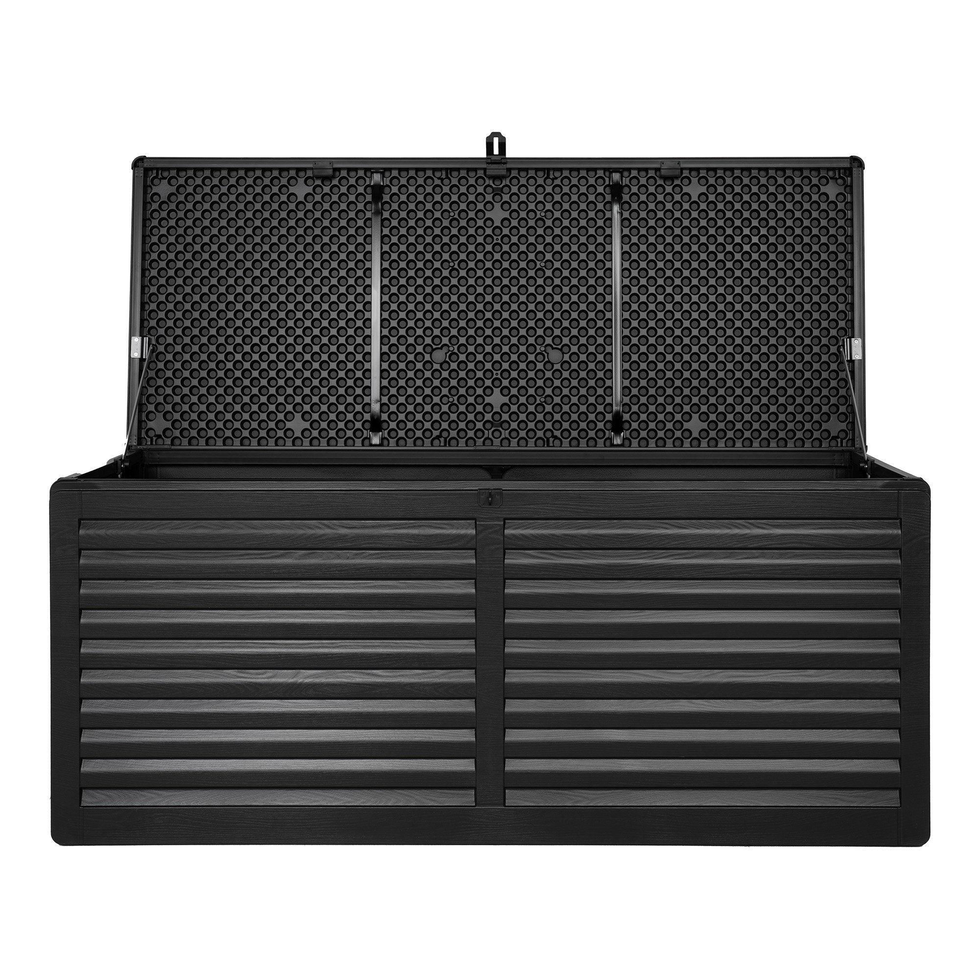 Coffre rangement Dubrovnik noir 490L couvercle ouvert vue de face fond blanc