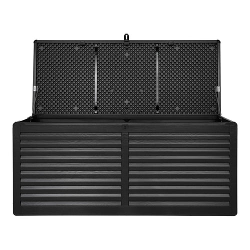 Coffre rangement Dubrovnik noir 490L couvercle ouvert vue de face fond blanc