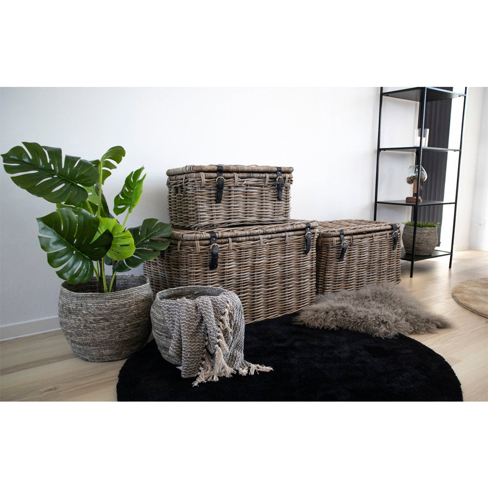 Set coffres Depok rotin kubu en situation salon intérieur avec plante monstera