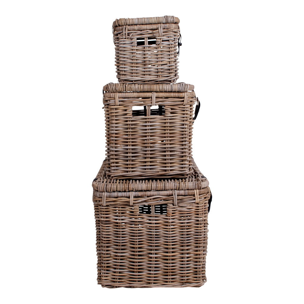 Set coffres Depok rotin kubu gris empilés vue profil lanières cuir visibles