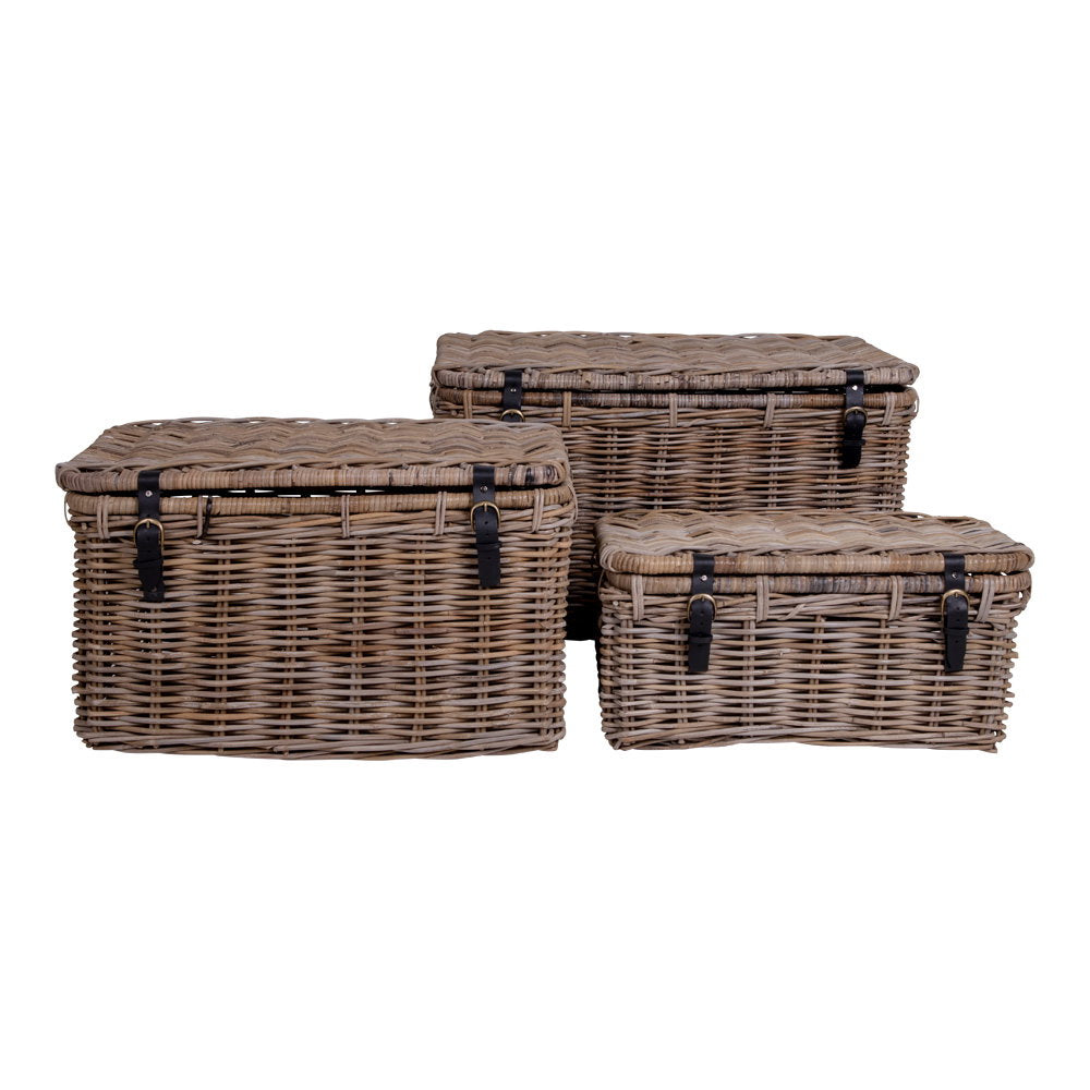 Set 3 coffres rangement Depok rotin kubu gris naturel lanières cuir noir boucle laiton