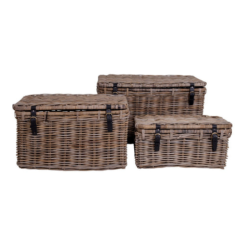 Set 3 coffres rangement Depok rotin kubu gris naturel lanières cuir noir boucle laiton