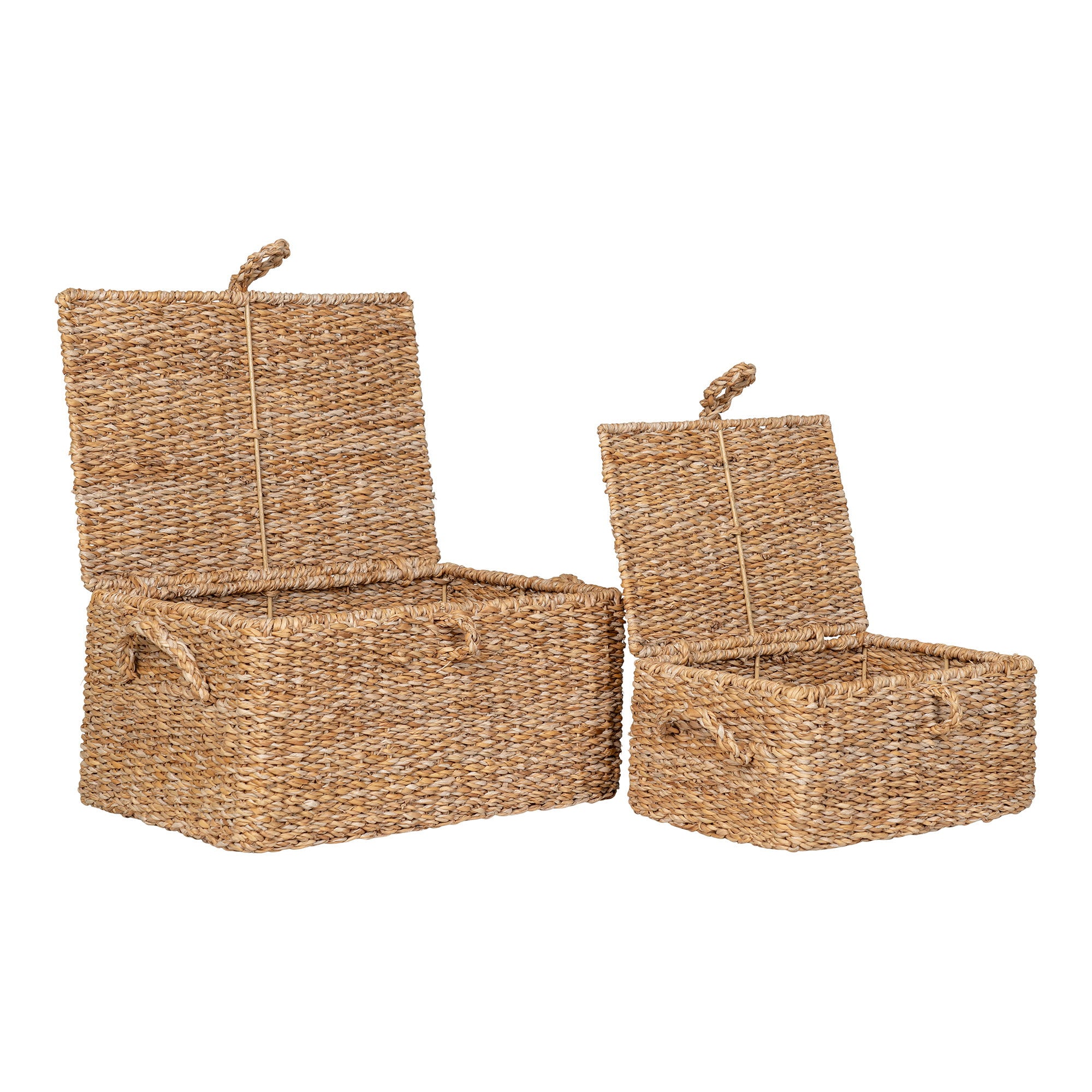 Set coffrets Bogra seagrass métal couvercles ouverts vue trois quarts intérieur naturel