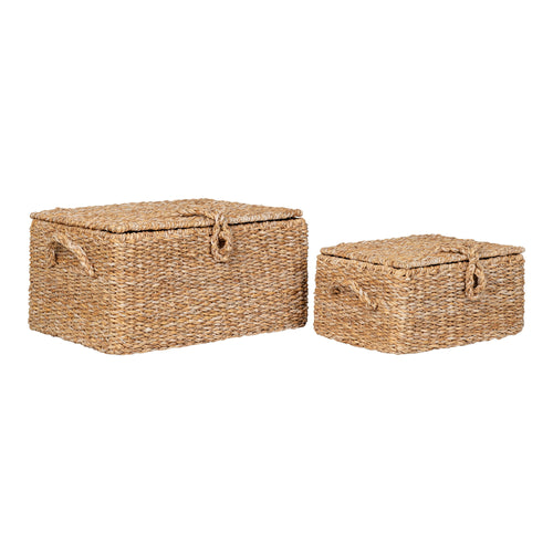 Set 2 coffrets Bogra herbe mer armature métal couvercle fermé anse corde vue face
