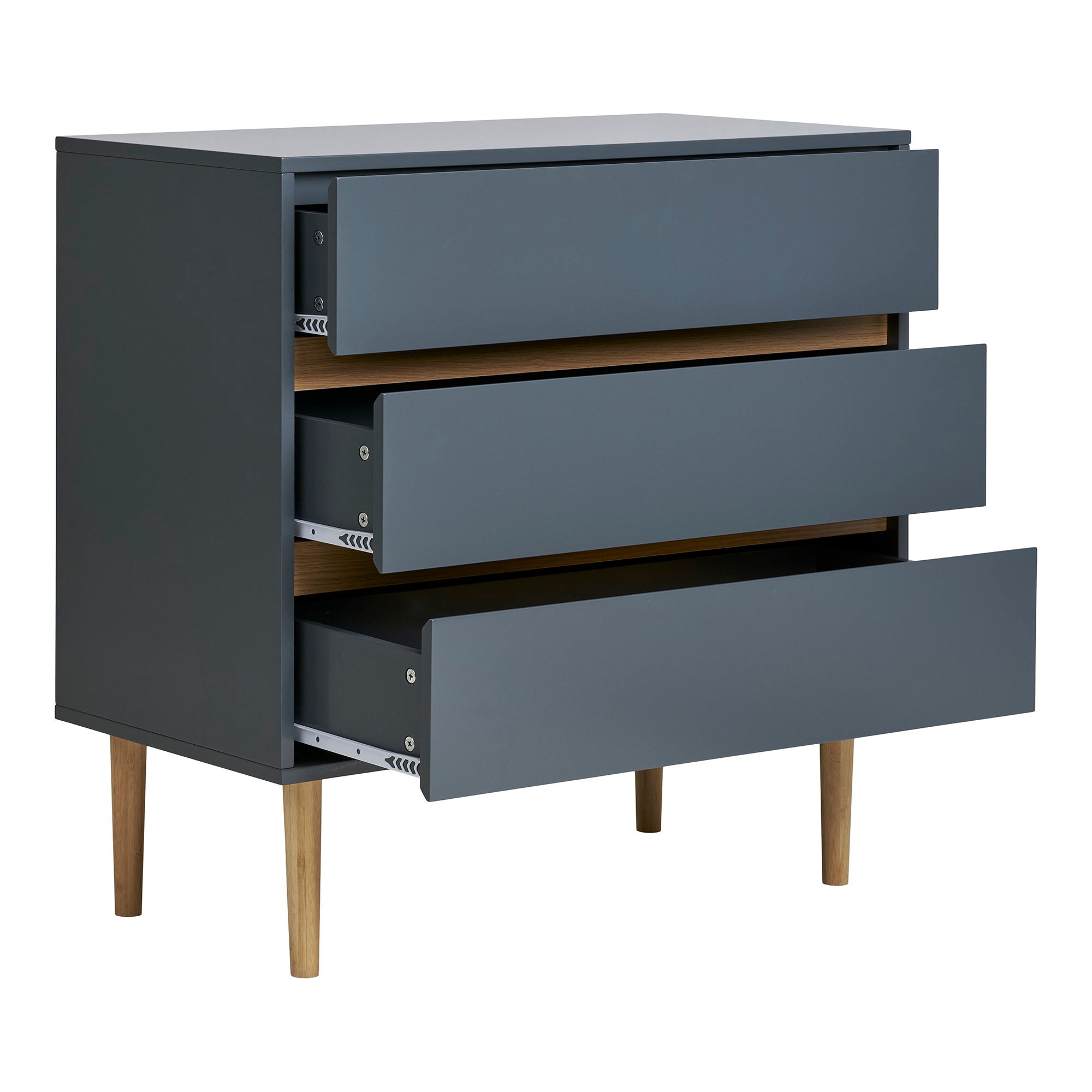 Commode Bisley 3 tiroirs ouverts coulissants intérieur gris anthracite pieds pin