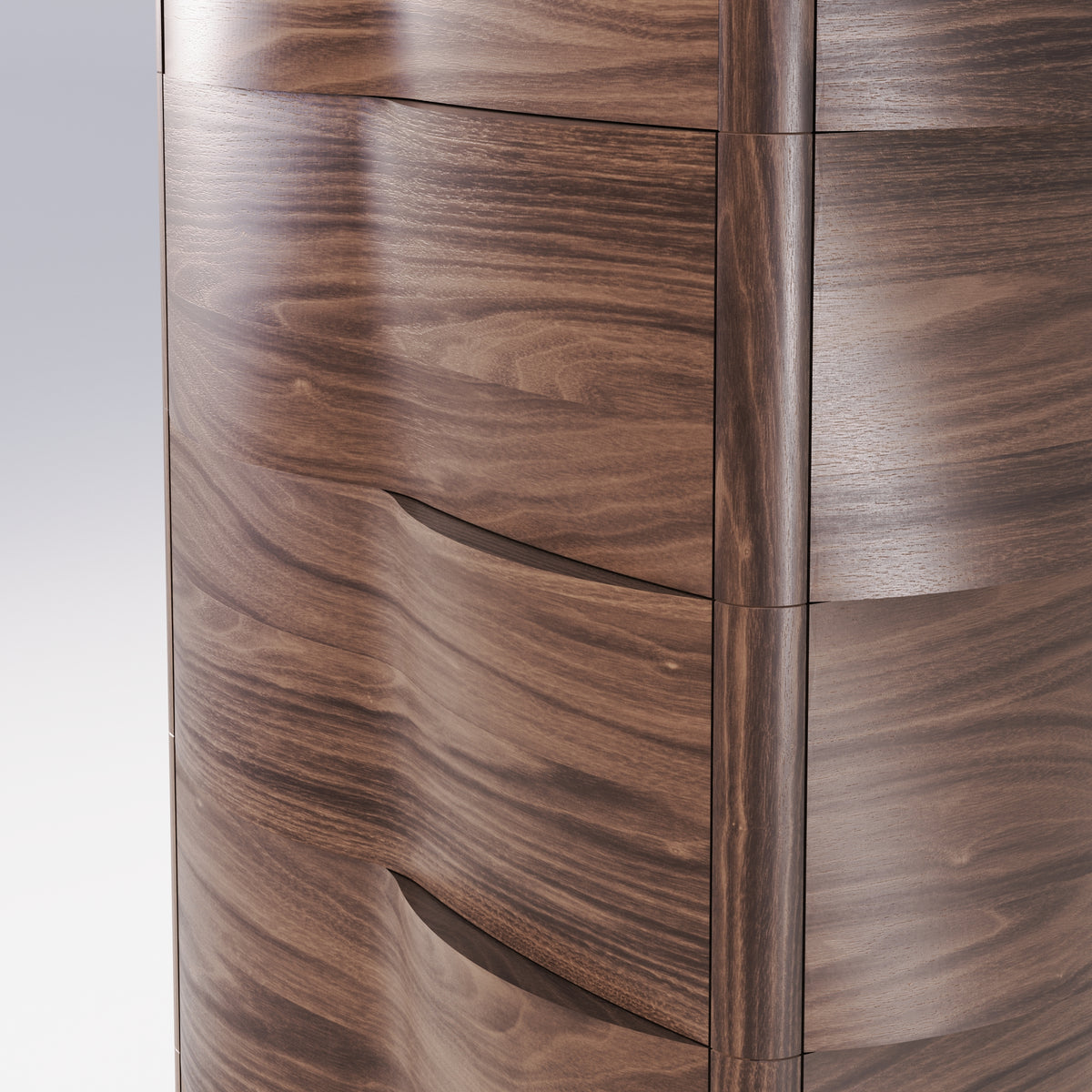 Détail des façades en vague de la commode Touch en noyer