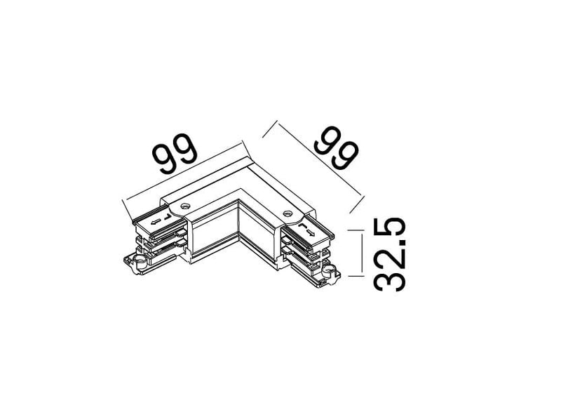 Dimensions Connecteur d'angle en L, droite, pour rail triphasé blanc