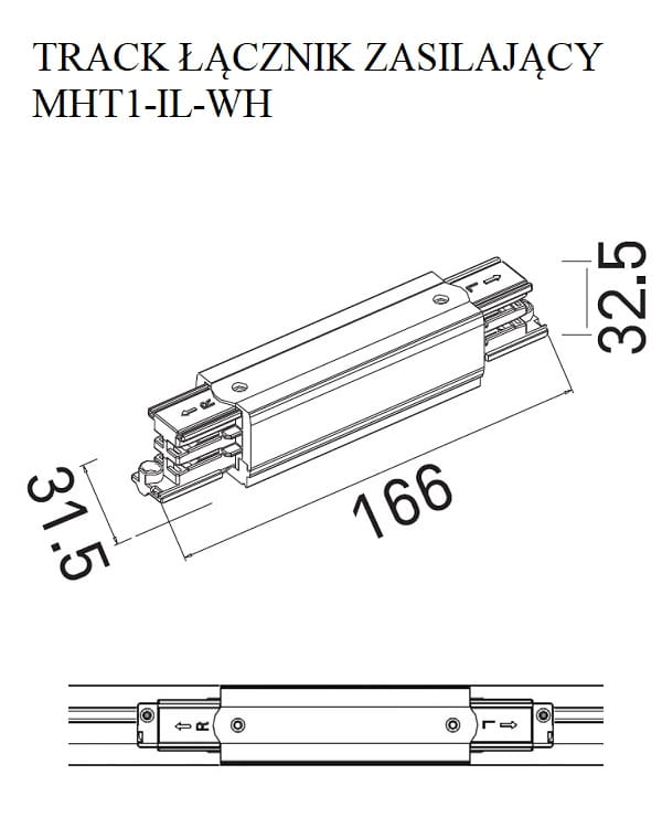 Dimensions Connecteur droit d'alimentation pour rail triphasé blanc