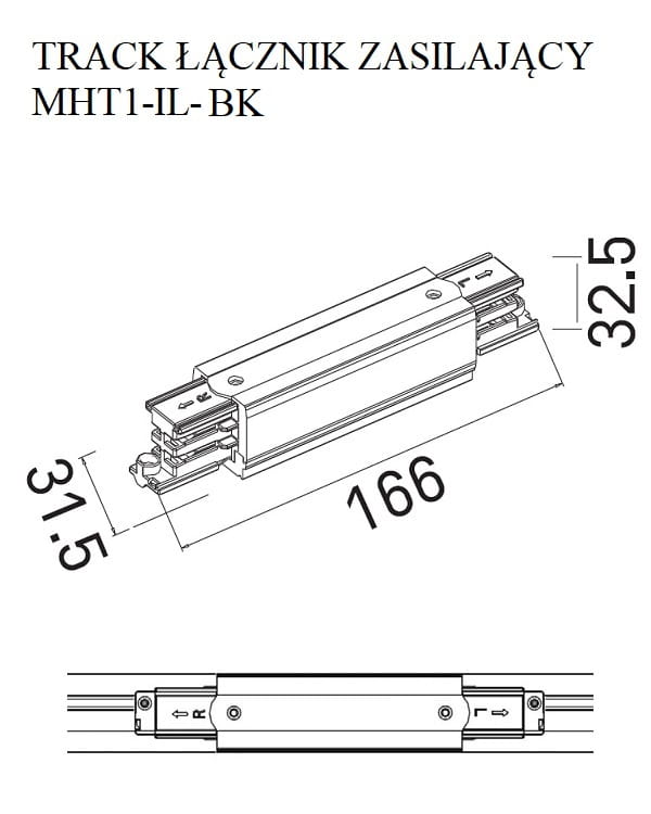 Dimensions Connecteur droit d'alimentation pour rail triphasé noir