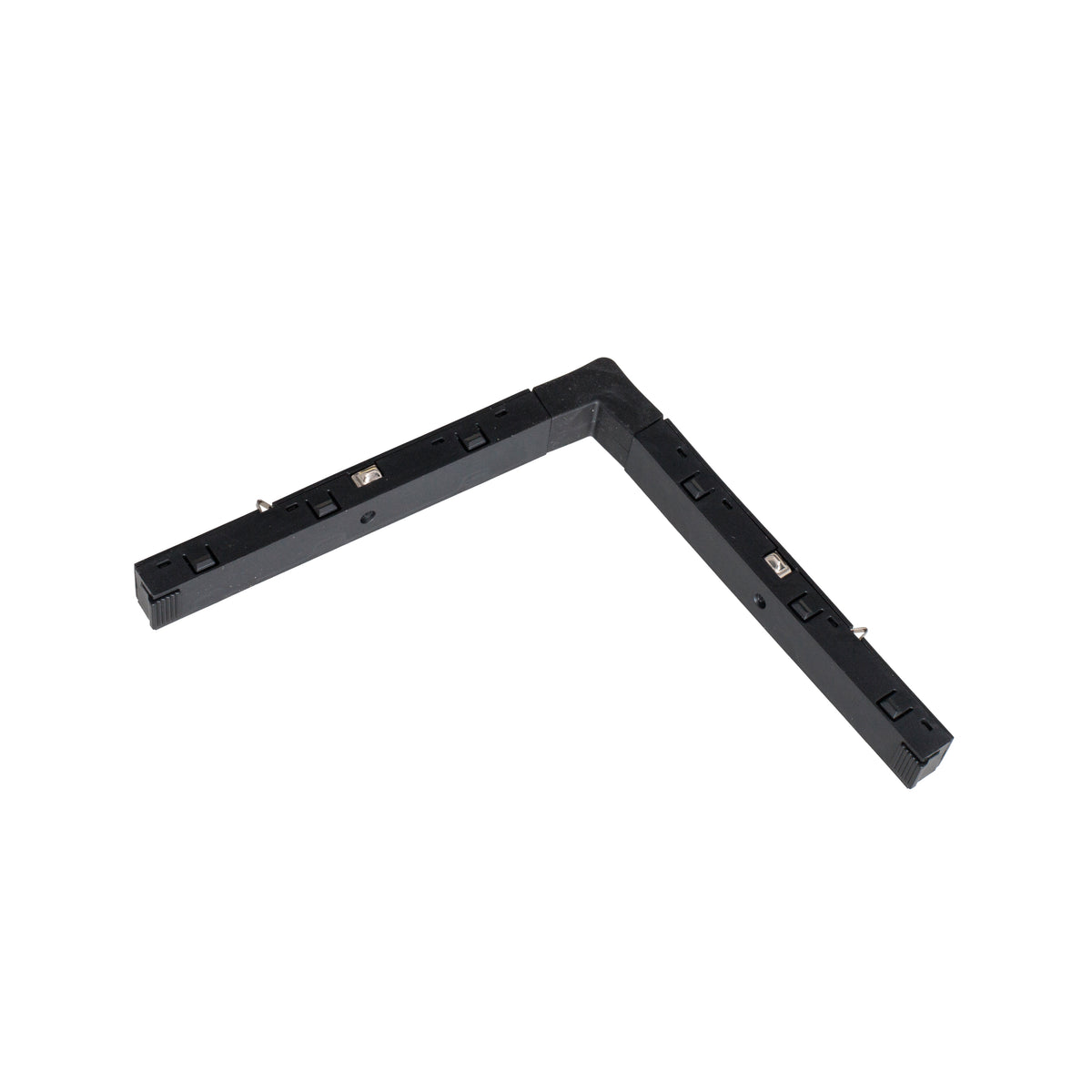 Connecteur électrique d'angle intérieur Micro11 noir en forme de L vu de trois quarts avec ses clips et ses contacts métalliques