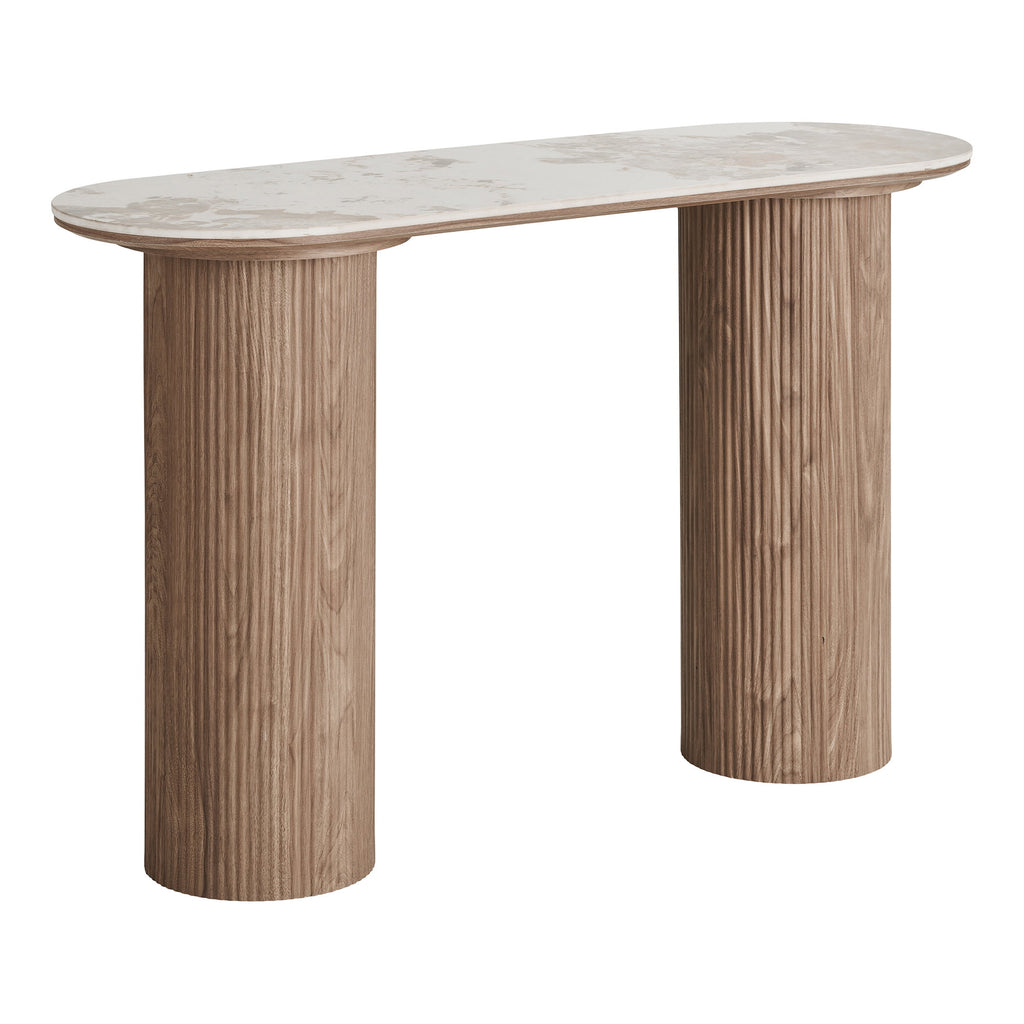 Console Athens céramique ovale pieds colonnes cannelées bois smoked vue trois quarts
