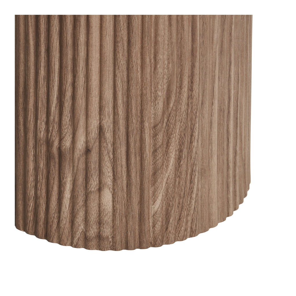 Détail pied colonne cannelée console Athens finition bois fumé MDF texture verticale