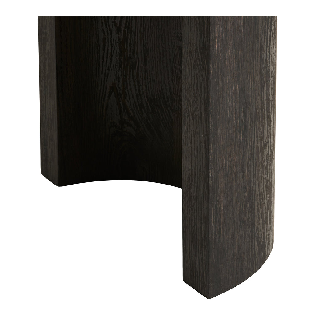 Détail pied demi-cylindre console Bibione finition brun foncé grain chêne fumé MDF