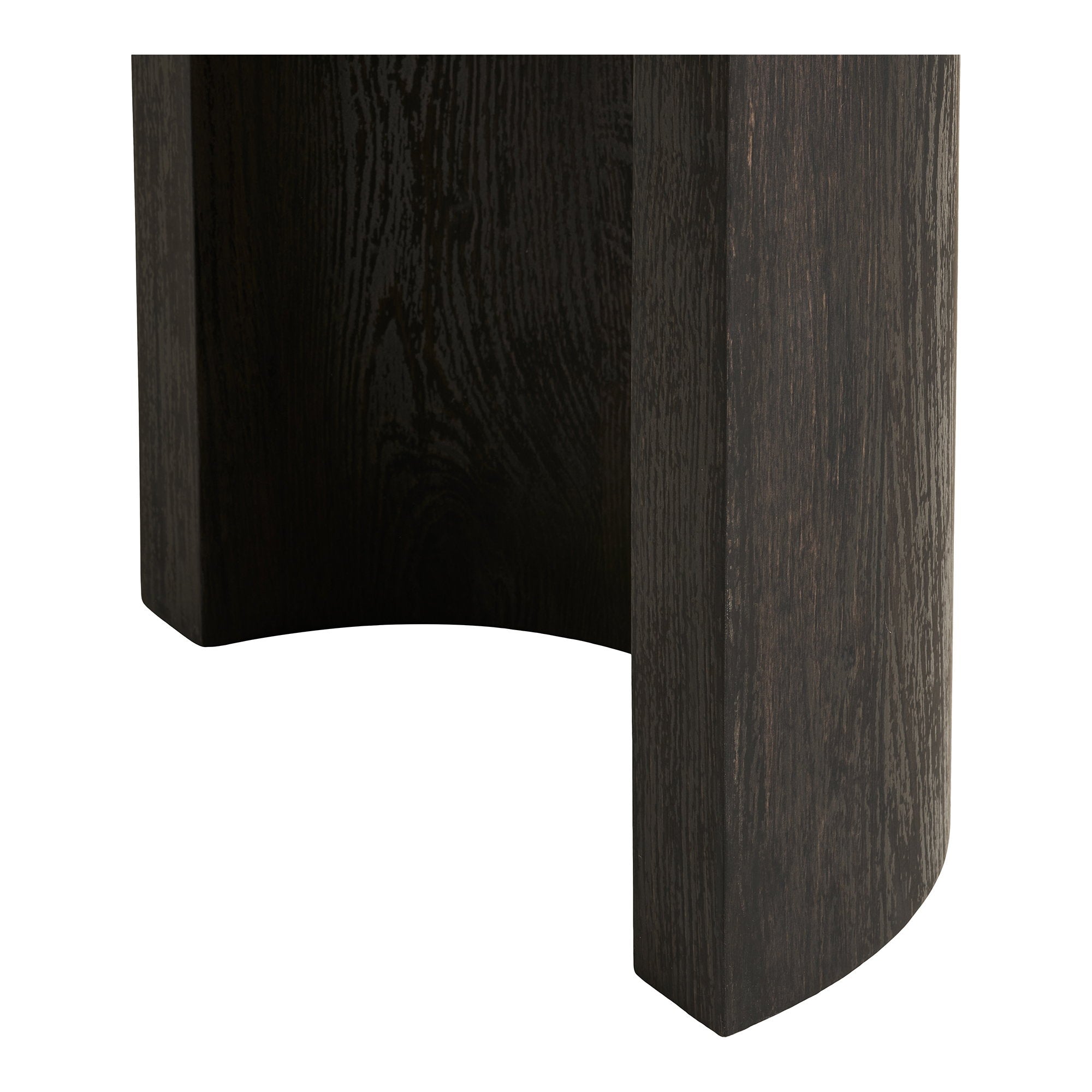 Détail pied demi-cylindre console Bibione finition brun foncé grain chêne fumé MDF