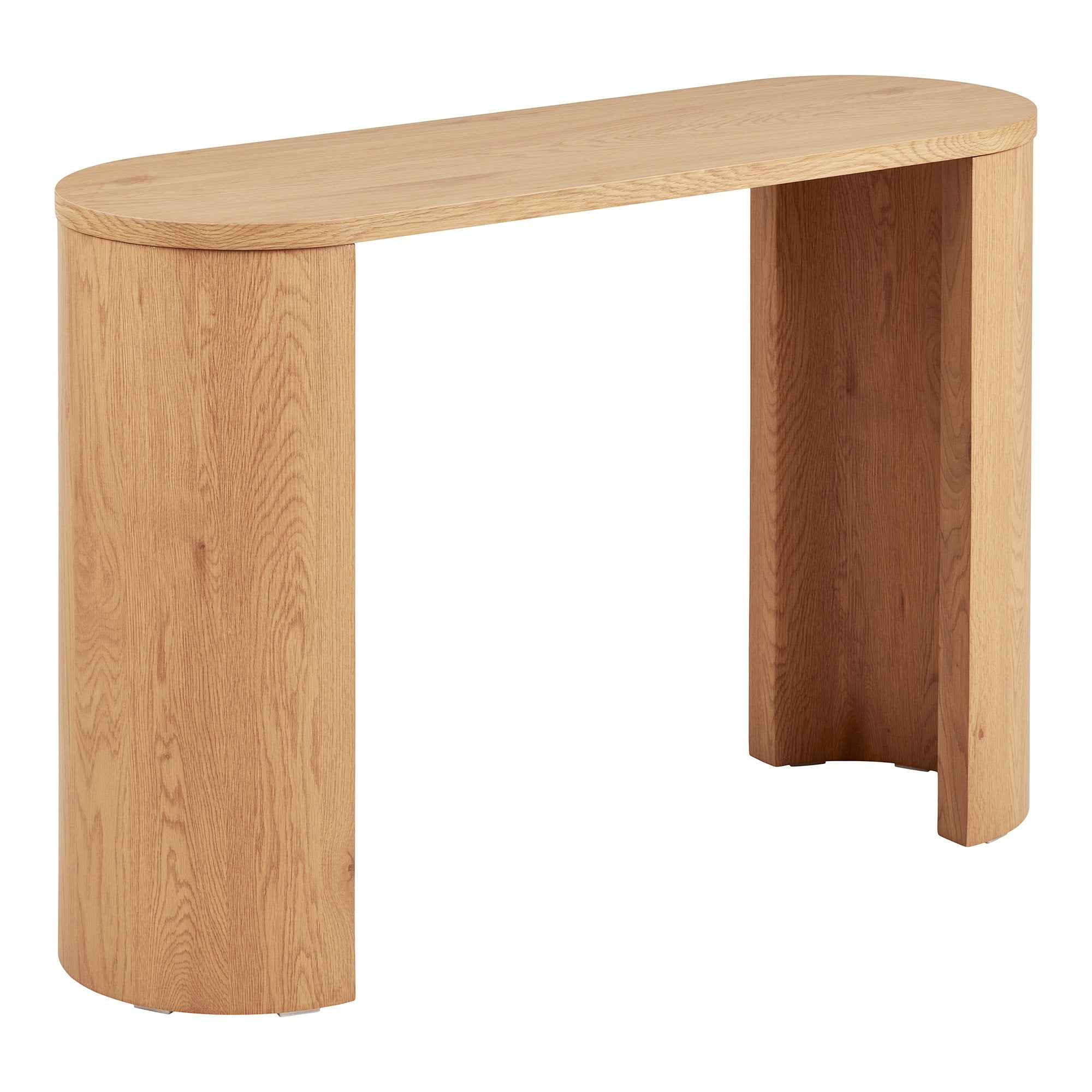Console Bibione bois naturel chêne pieds demi-colonnes plateau ovale vue trois quarts