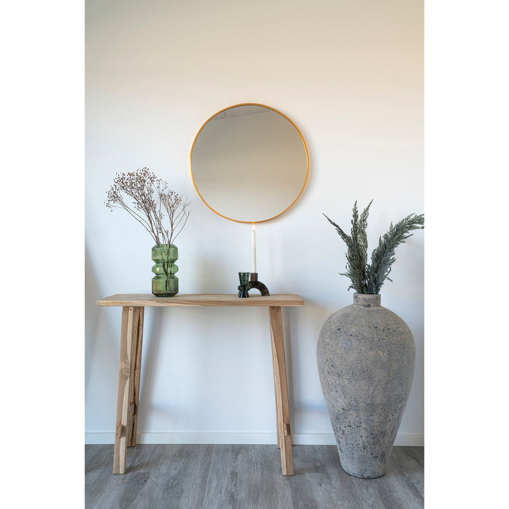 Console Girona teck recyclé mise en scène entrée miroir rond doré vase vert herbes séchées