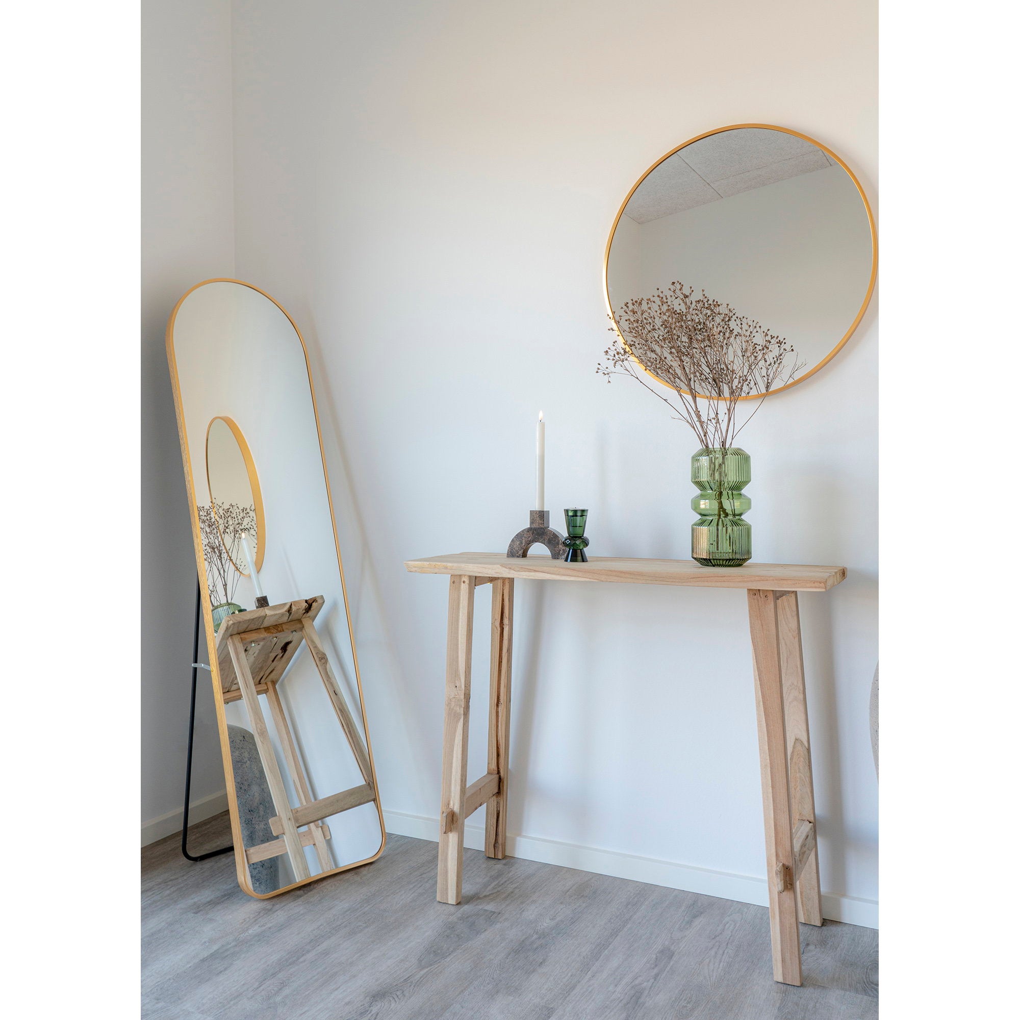Console Girona teck naturel entrée miroir plein pied doré miroir rond doré herbes séchées