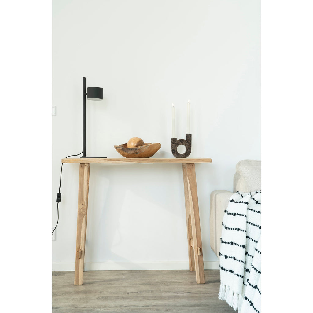 Console Girona teck naturel salon lampe noire objets déco coupe bois canapé beige
