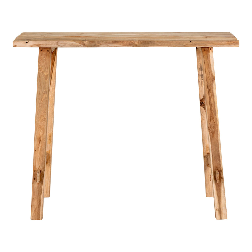 Console Girona teck recyclé pièce unique vue de face pieds inclinés bois naturel