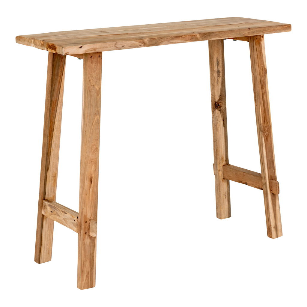 Console Girona teck recyclé naturel 90x30x80 cm pieds tréteau vue trois quarts