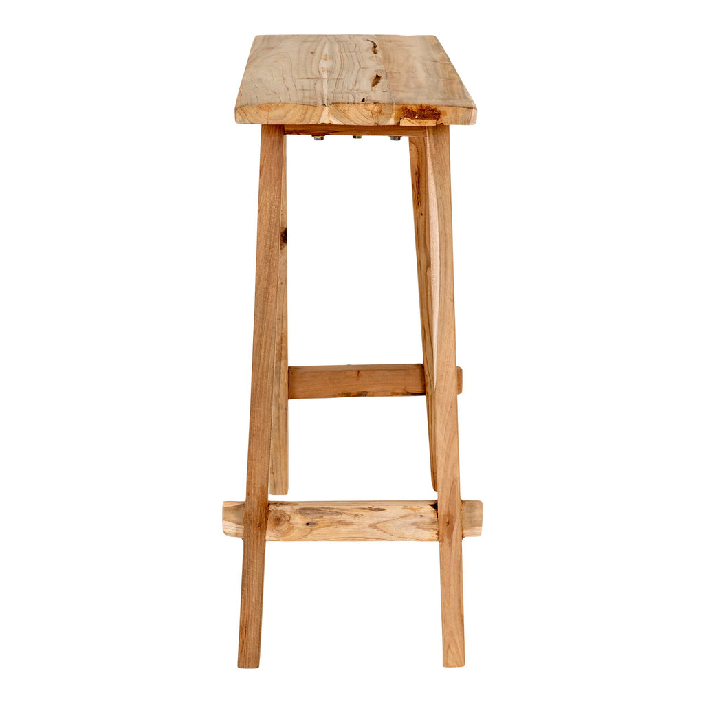 Console Girona teck naturel profil vue latérale pieds tréteau traverses bois brut