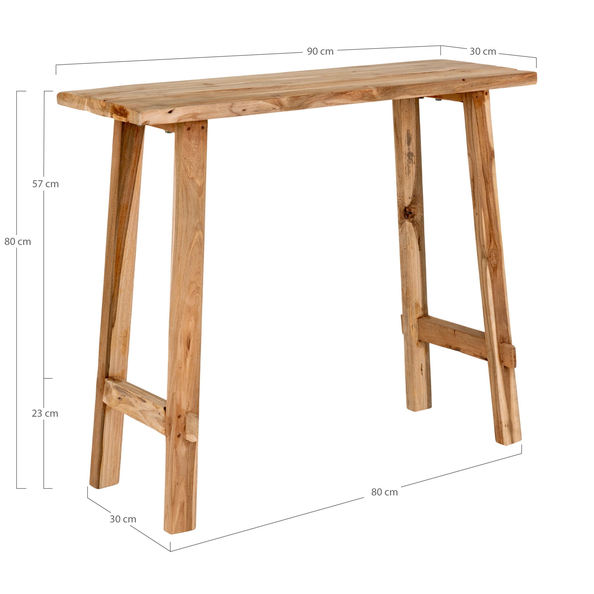 Schéma dimensions console Girona teck 90x30x80 cm écartement pieds traverses basses
