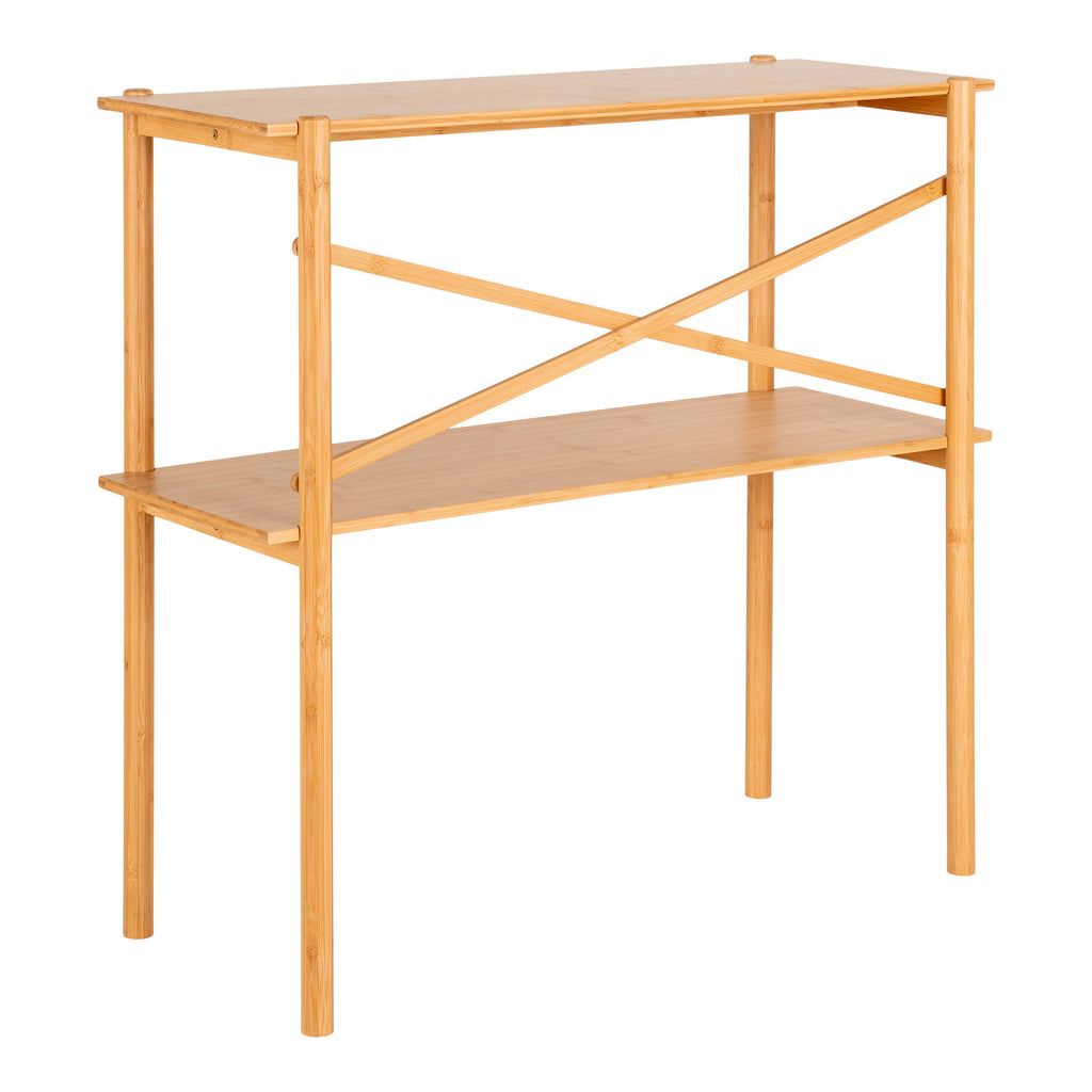 Console Manaus bambou naturel plateaux entretoises croisées pieds ronds vue trois quarts droite