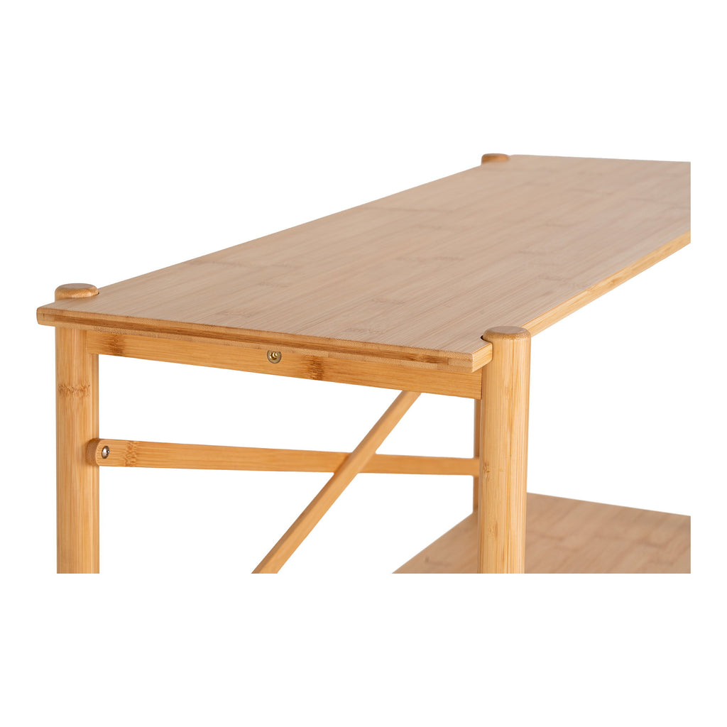 Détail plateau bambou console Manaus chevilles bois entretoises croisées pieds cylindriques