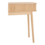 Détail cannelures verticales boutons sphériques pieds effilés console Nikko bois naturel
