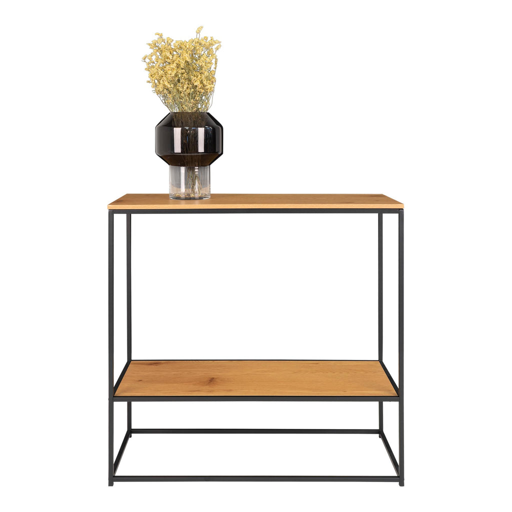Console Vita chêne naturel structure métal noir étagère vue de face vase fumé