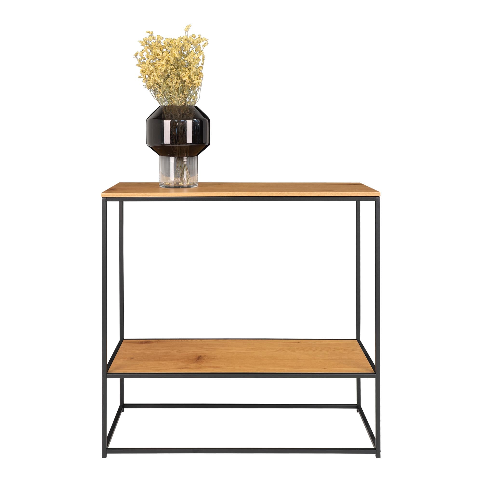 Console Vita chêne naturel structure métal noir étagère vue de face vase fumé
