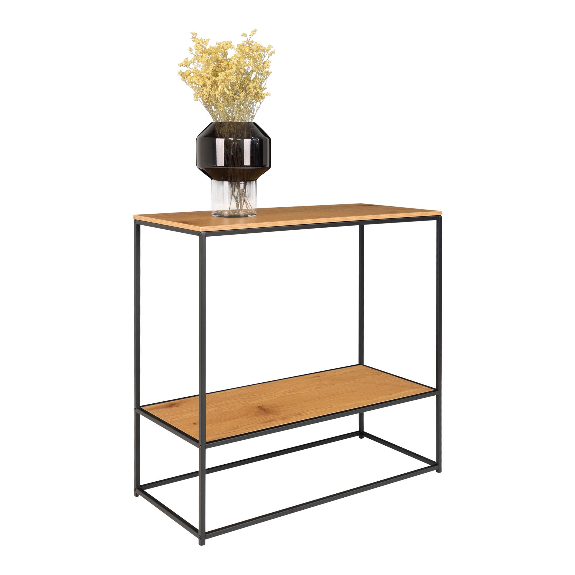 Console Vita chêne naturel métal noir 80x36x80 cm étagère basse vue trois quarts vase fumé